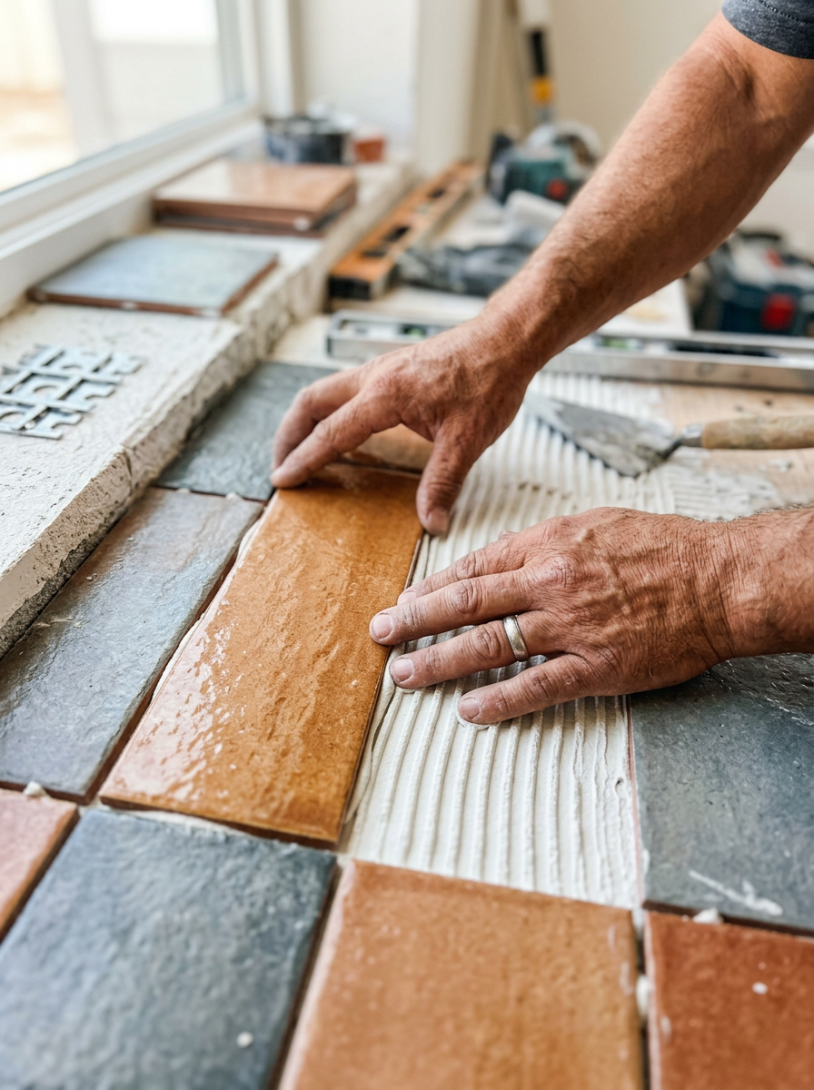 Close up of a professional installing custom tile
